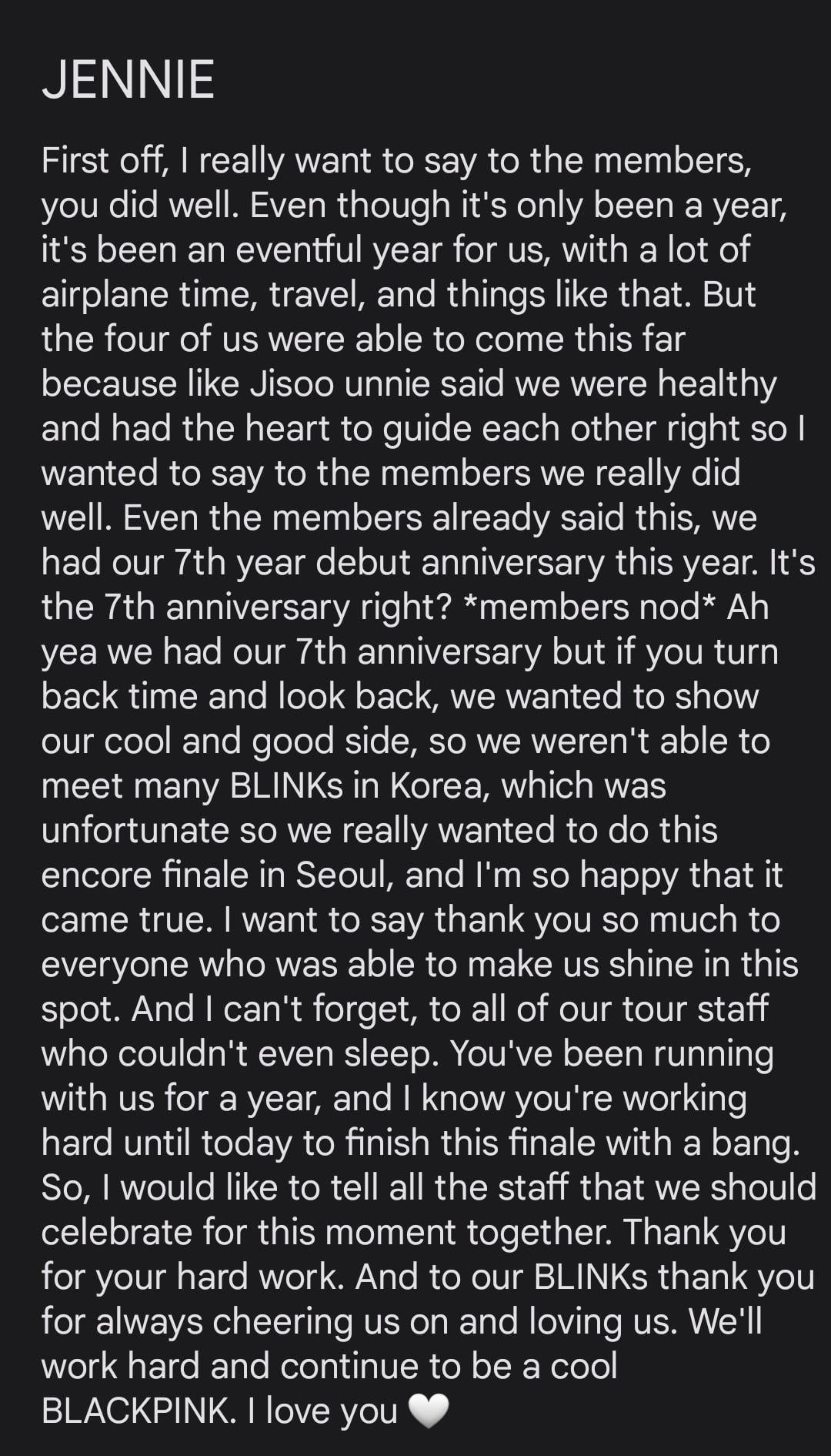 20230917 “We’ll work hard and continue to be a cool BLACKPINK.” -Jennie (translation from @xx_turtle_ on Twitter)