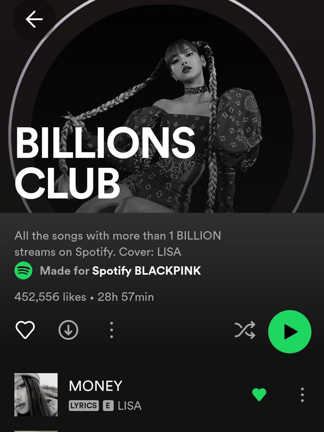 230919 LISA is now the cover of Spotify's "BILLIONS CLUB" playlist with "MONEY" at #1.