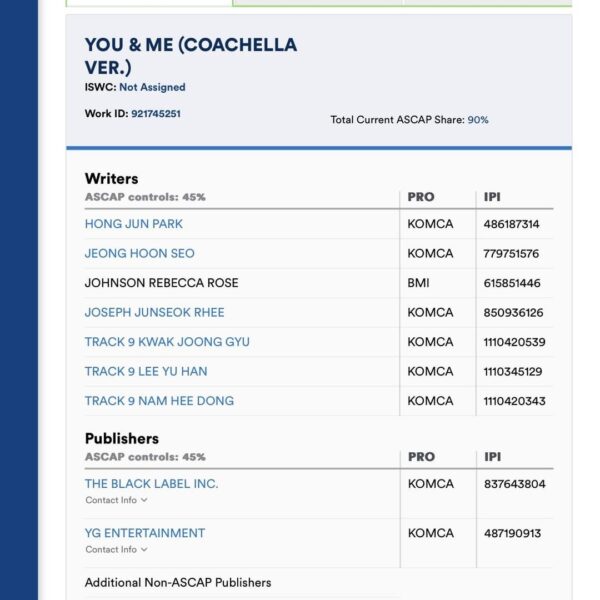 230930 JENNIE - ‘YOU & ME (COACHELLA VER.)’ has been registered in ASCAP
