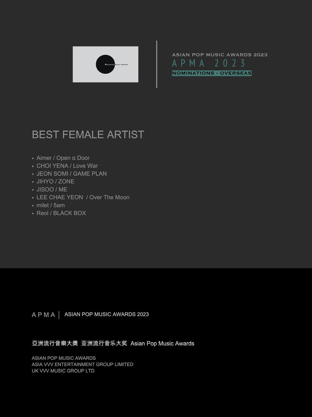 231130 JISOO has been nominated in FOUR OVERSEAS CATEGORIES at the Asian Pop Music Awards 2023 including ‘Best Female Artist’, ‘Best Dance Performance’, ‘Best Music Video’ & ‘Song of The Year’!