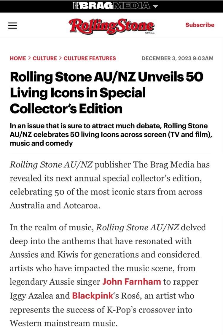 231203 Rolling Stone AU/NZ names ROSÉ as one of the 50 LIVING ICONS who have ‘broken boundaries, shattered ceilings and opened doors’