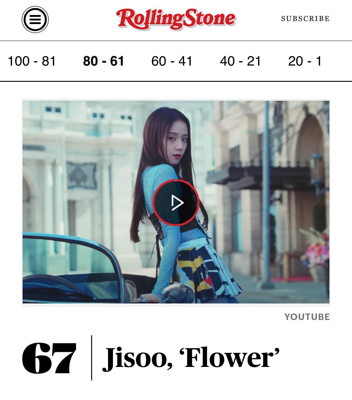 231201 JISOO - ‘꽃(FLOWER)’ is ranked #67 on Rolling Stone’s The 100 Best Songs of 2023