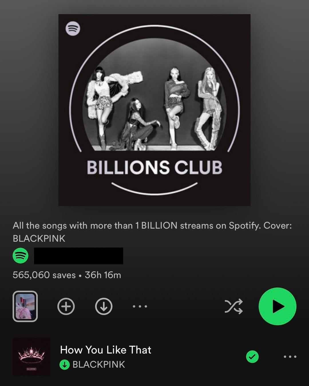 240314 BLACKPINK graces the cover of ‘Billions Club’ Spotify Playlist for surpassing 1 BILLION streams with ‘How You Like That’