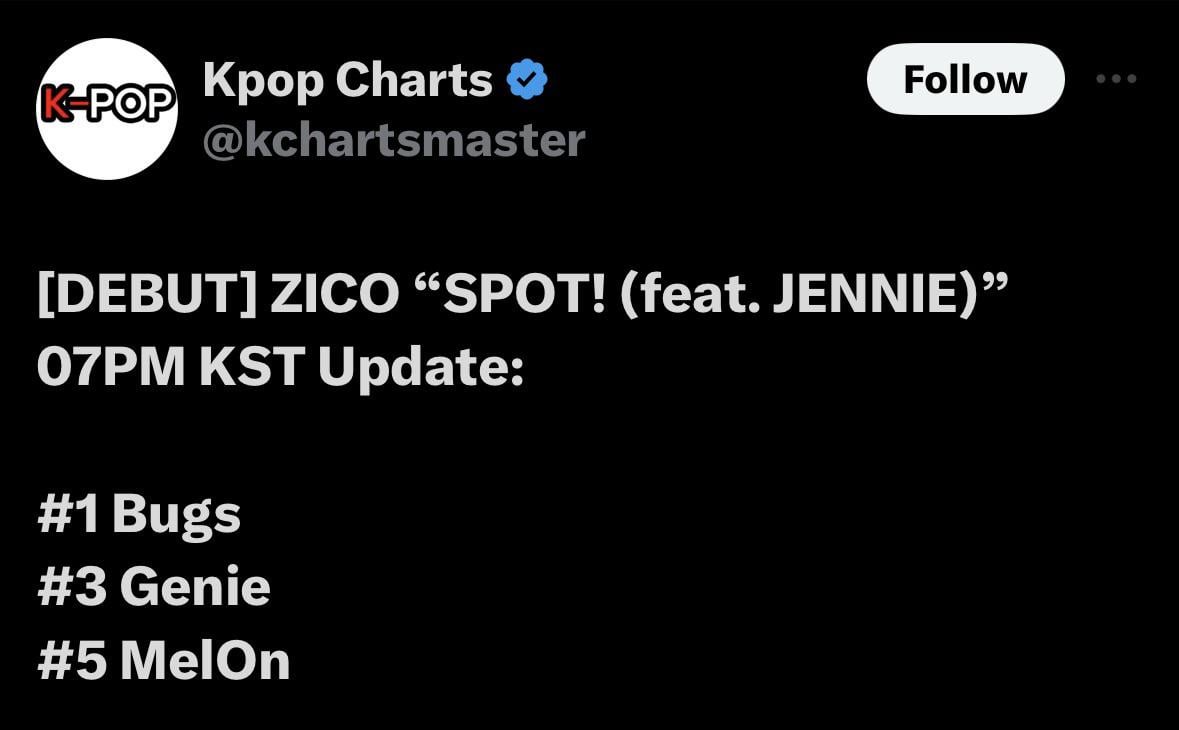 240426 ZICO “SPOT! (feat. JENNIE) - Debut on Korean Charts