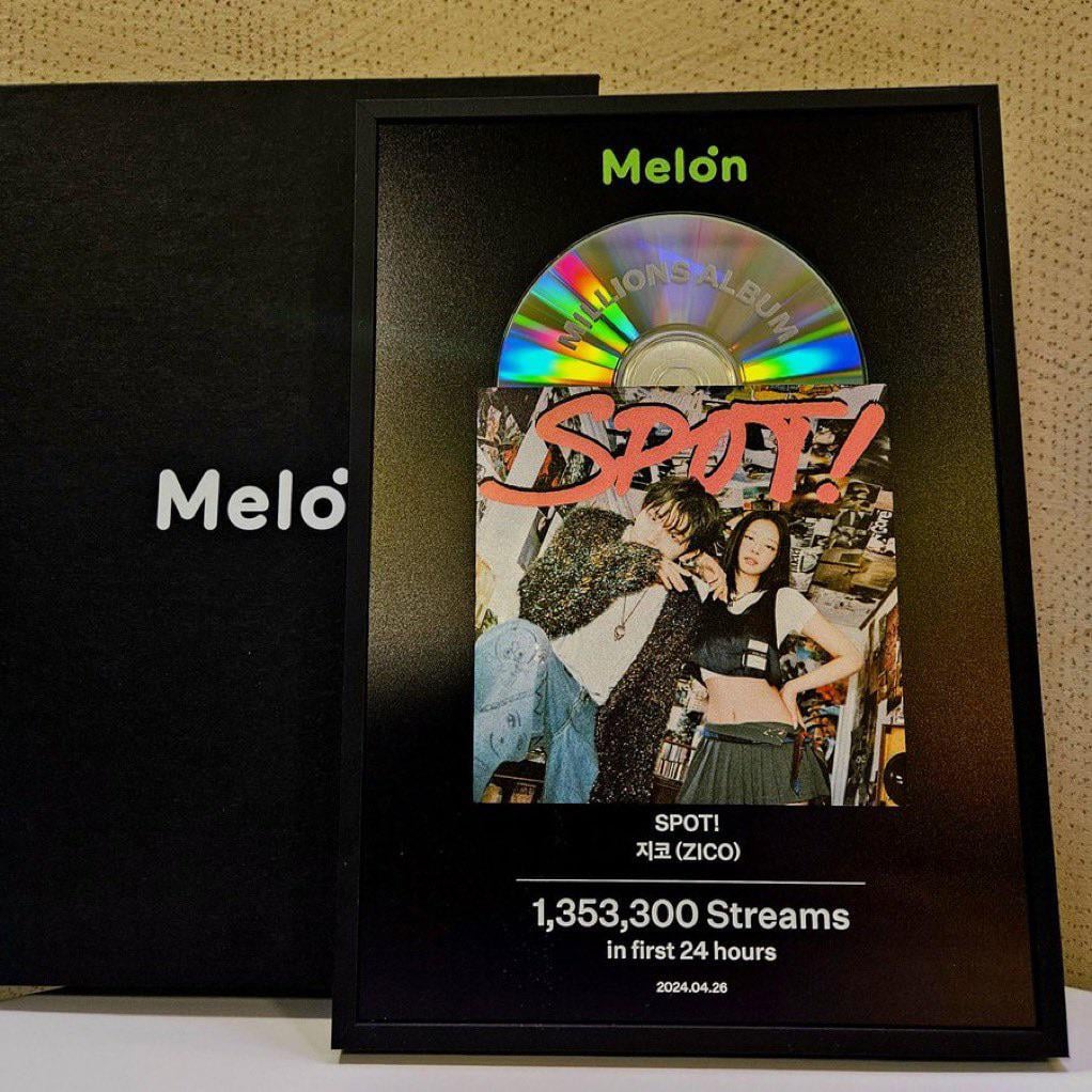 240525 ZICO (지코) - ‘SPOT! (feat. JENNIE)’ has been awarded ‘Millions Album’ by MelOn for surpassing 1 MILLION streams in its first 24 HOURS on the platform!
