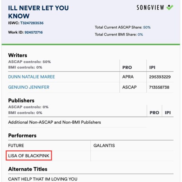 240618 Lisa is credited as a performer in a song titled ‘I’ll never let you know’ (w/ Future & Galantis) in ASCAP