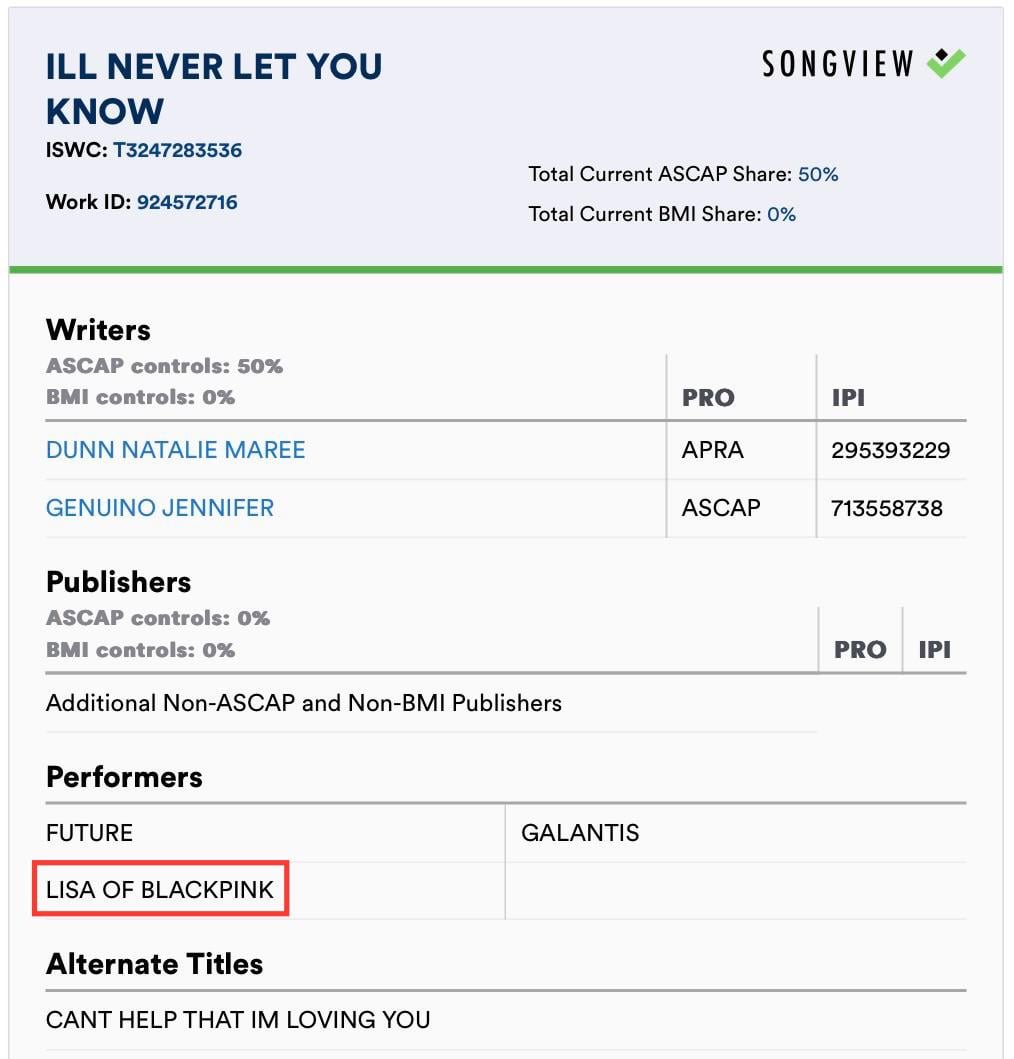 240618 Lisa is credited as a performer in a song titled ‘I’ll never let you know’ (w/ Future & Galantis) in ASCAP
