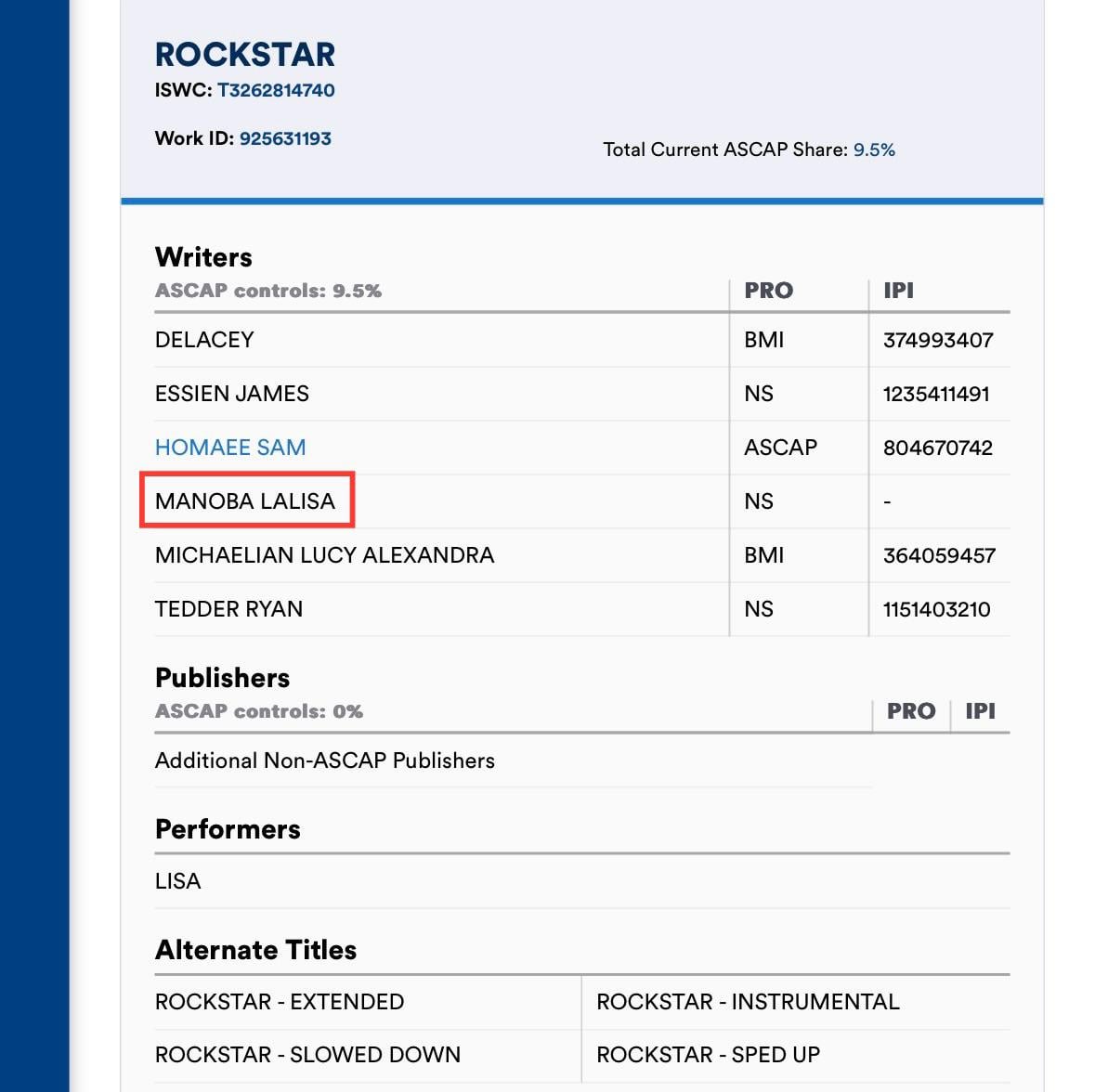 240716 Lisa has officially been credited as writer for ‘Rockstar’ on ASCAP