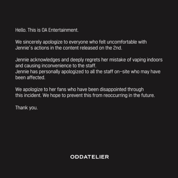 240709 Jennie (ODDATELIER) Official Statement