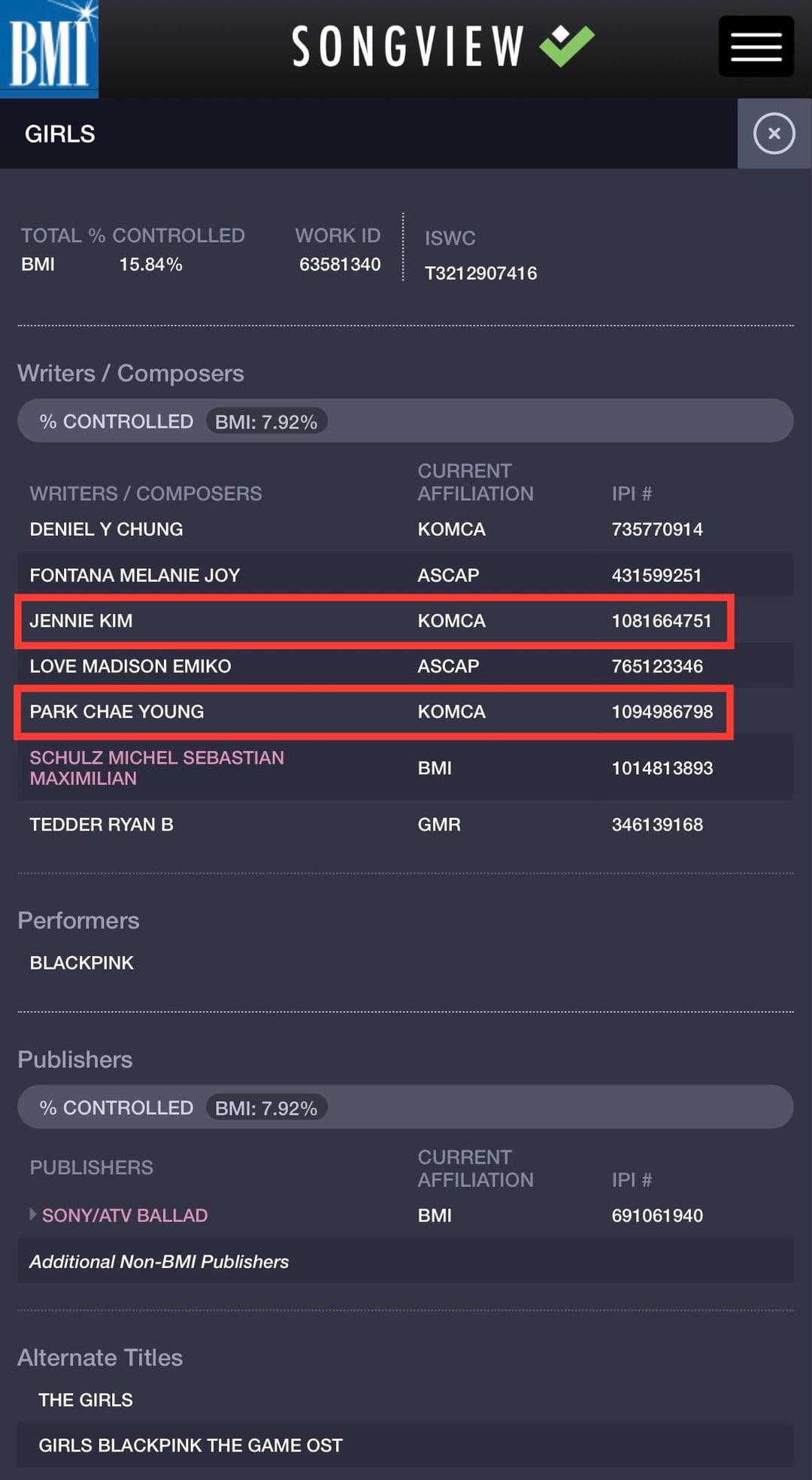 240715 Jennie (for ‘Slow Motion’ & ‘The Girls’) and Rosé (for ‘The Girls’) have been officially credited as writers/composers on BMI