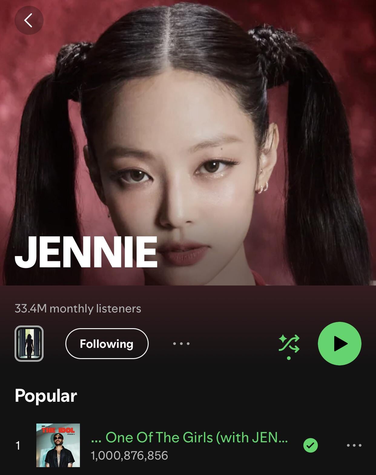 240704 ‘One Of The Girls’ by The Weeknd, JENNIE & Lily Rose Depp has surpassed 1 billion streams on Spotify