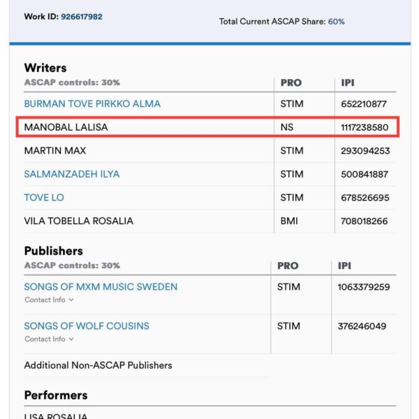 240831 Lisa has officially been credited as Writer for ‘NEW WOMAN (feat. Rosalía)’ on ASCAP