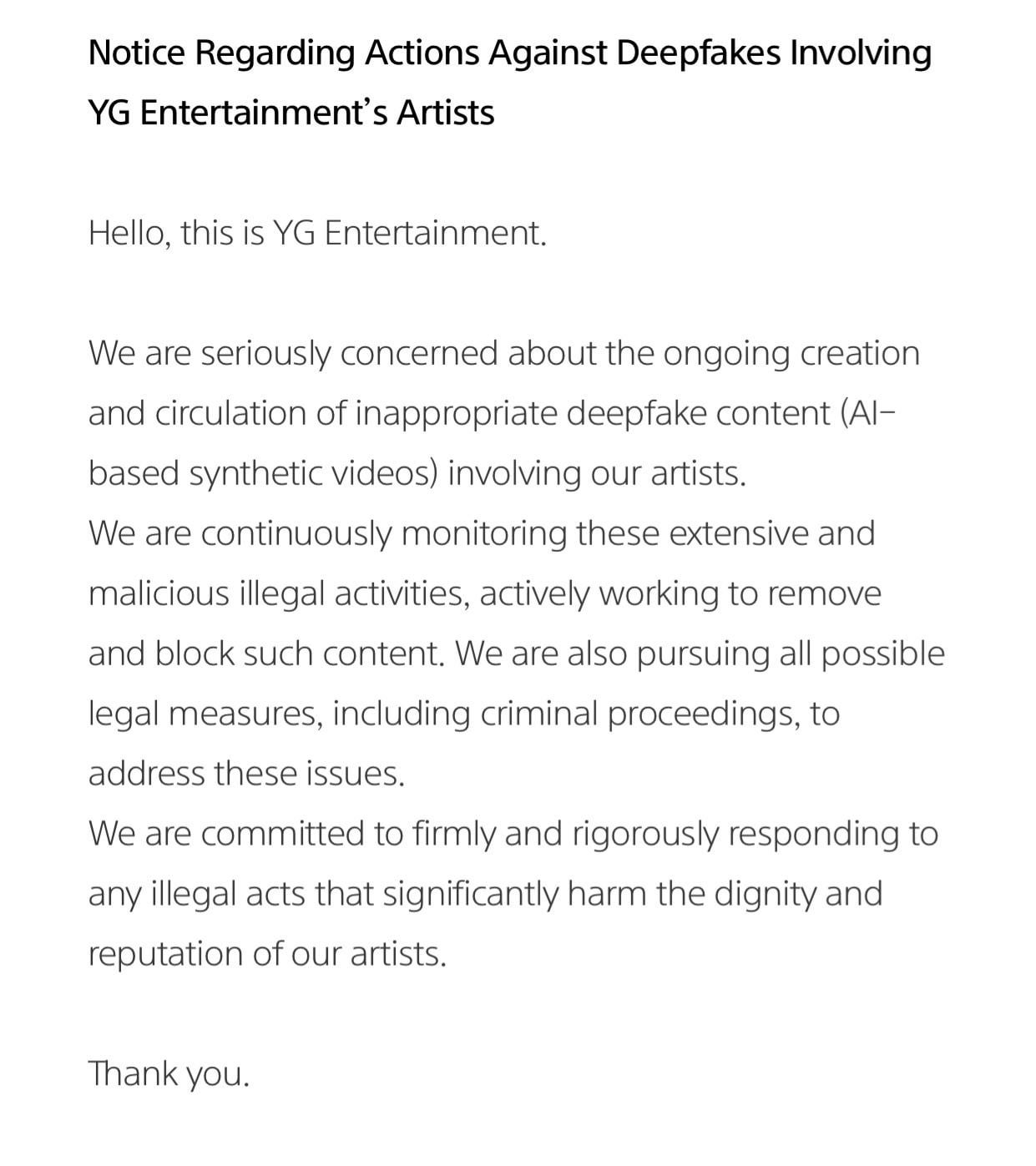 240902 YG Entertainment announces legal action regarding Deepfakes involving their Artists