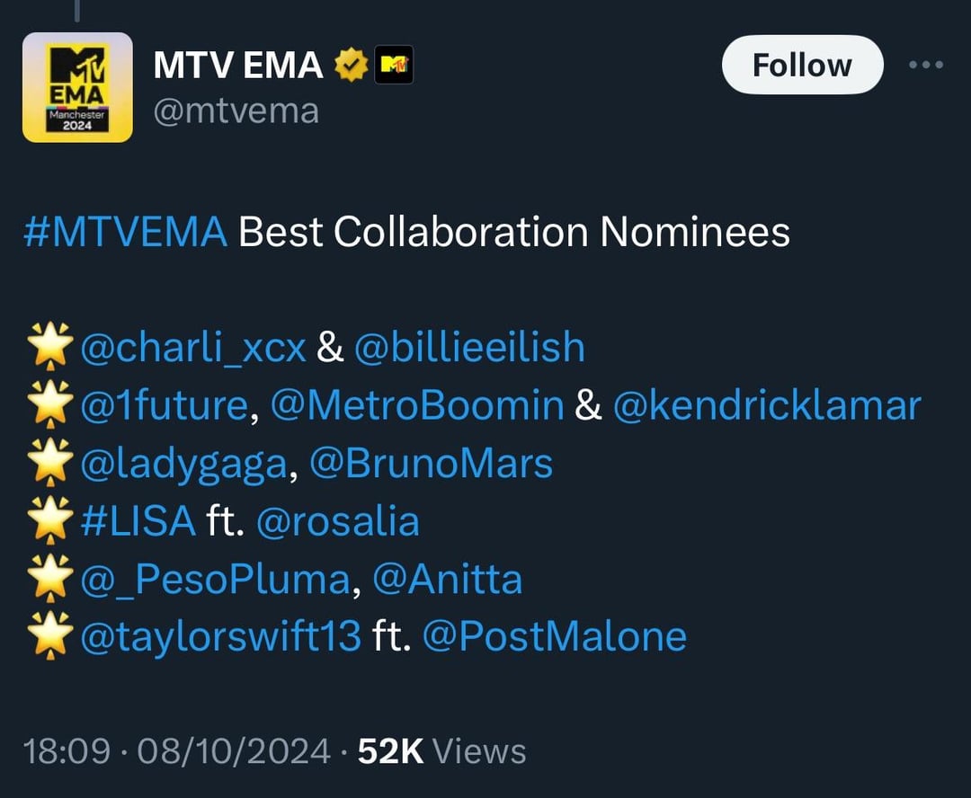 241008 LISA has received 4 nominations at the 2024 MTV Europe Music Awards!