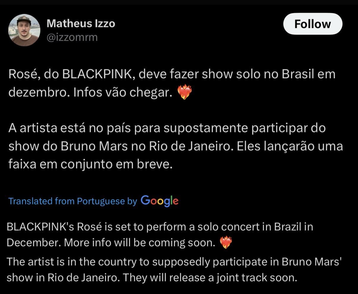 241018 Rosé is set to perform a solo concert in Brazil in December; she’s currently in Brazil to participate in Bruno’s concert in Rio de Janeiro